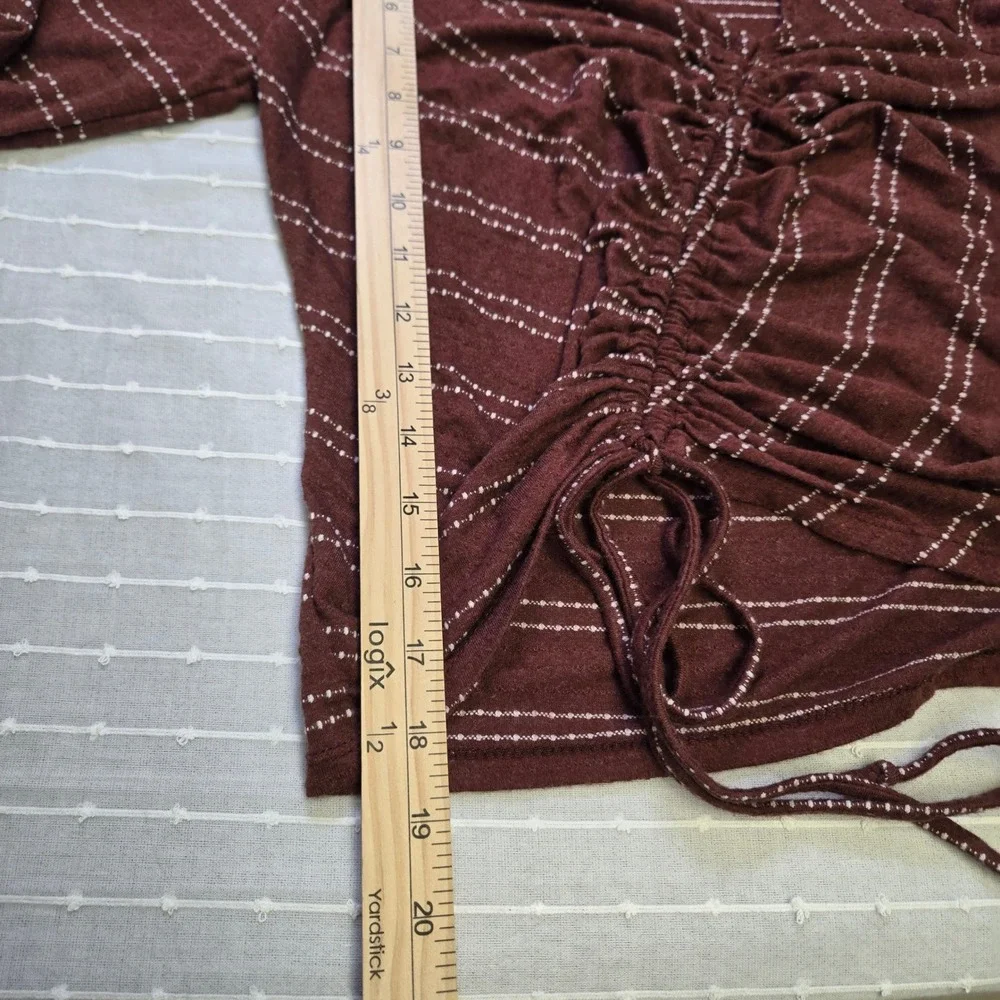 Rust Brown Ruched Drawstring V-Neck Top Cottagecore Boho Dotted Stripe Large - Picture 6 of 9